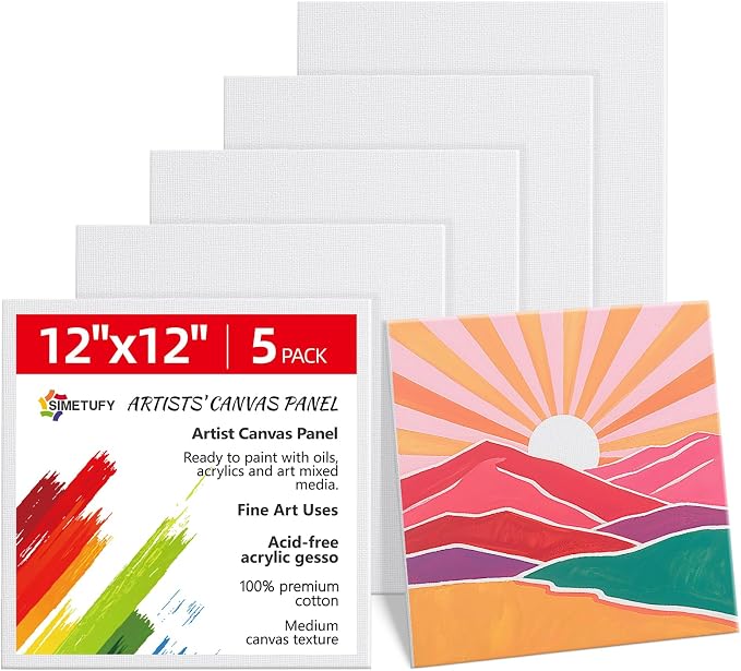 Simetufy 12 x 12 inch 5 Pack Painting Canvas Boards- Gesso Primed Acid-Free by Simetufy