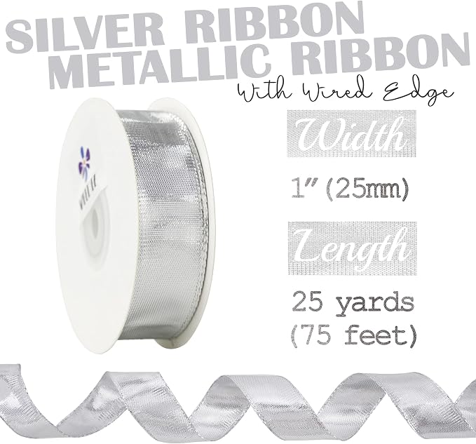 MEEDEE Silver Wired Woven Metallic Ribbon - Image 2