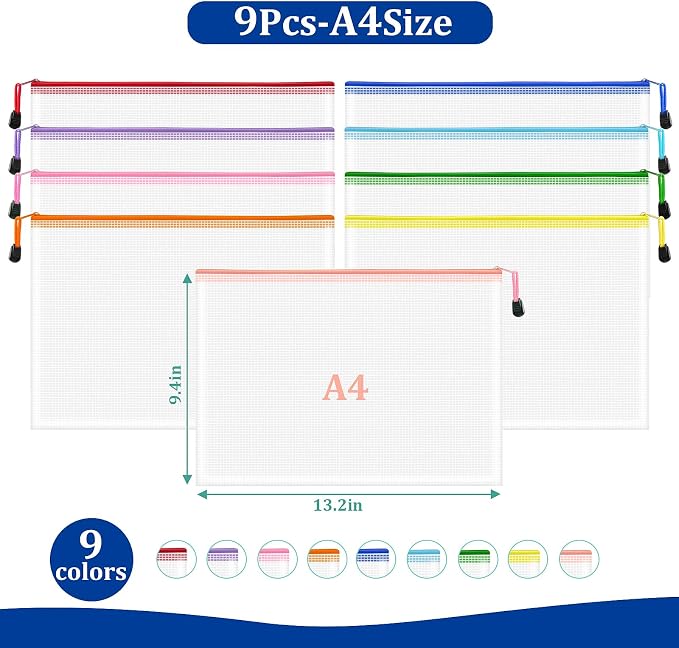 9pcs A4 Mesh Zipper Pouch Bags, 9 Colors, PVC Material, Transparent, Zip Closure - Image 2