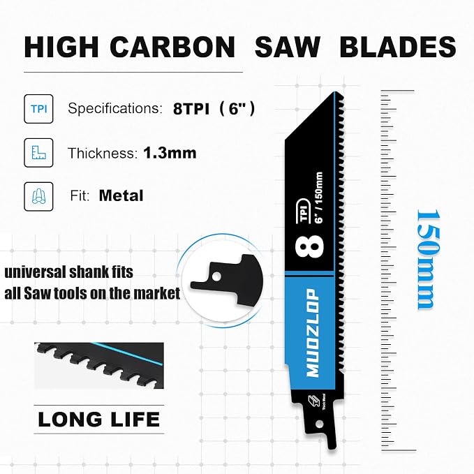 3 Pack 6 inch Reciprocating Saw Blades Set，8 TPI High Carbon Saw Blades - Image 2