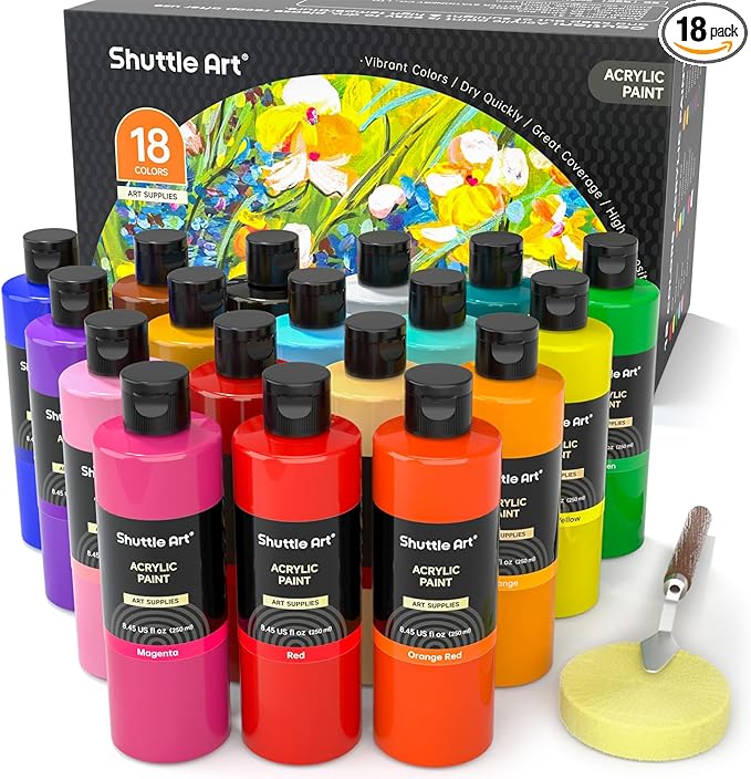 Shuttle Art 18 Colors Acrylic Paint Bottle Set, Rich Pigmented Bulk Painting by ShuttleArt