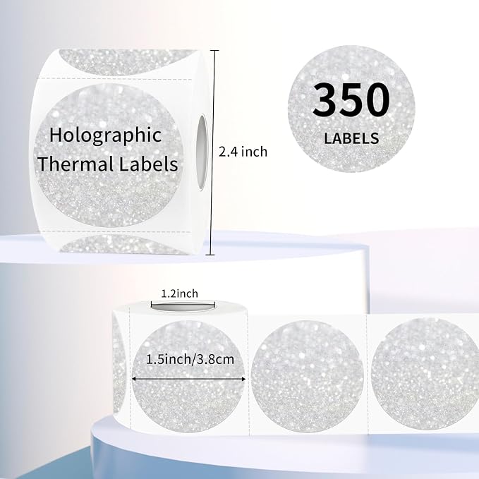 1.5" Holographic Direct Thermal Label Stickers, Round Printable Rainbow Glitter - Image 2
