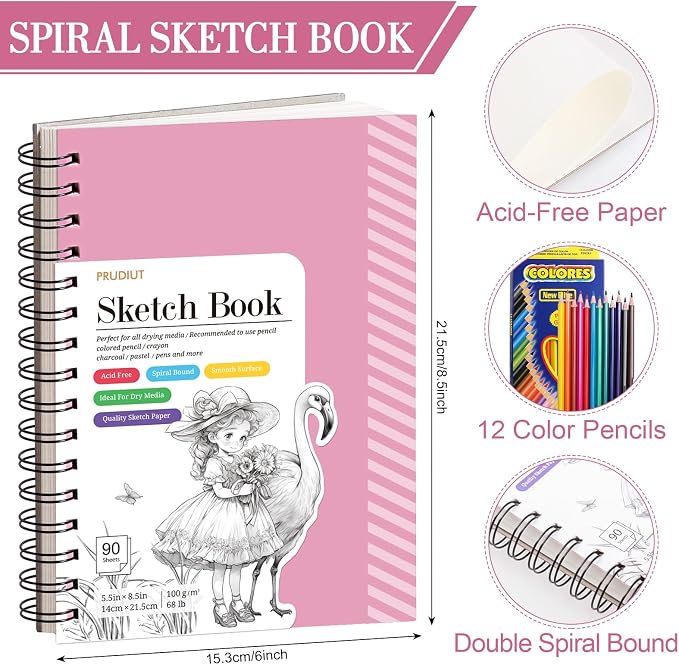Sketch Book with 12 Color Pencil Set, 90 Sheets Spiral Sketchbook - Image 2