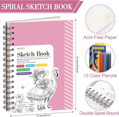 Sketch Book with 12 Color Pencil Set, 90 Sheets Spiral Sketchbook - Image 2