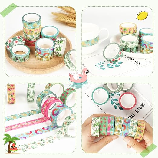 12 Rolls Fruits Washi Tapes, Hawaiian Leaves Cactus Masking Tapes, Colorful - Image 6