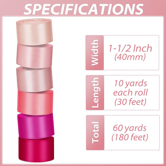 1-1/2 Inch Pink Satin Ribbons for Crafts, 6 Rolls Single-Faced Pink Assorted - Image 2