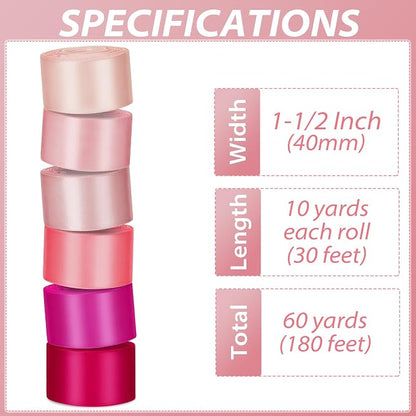 1-1/2 Inch Pink Satin Ribbons for Crafts, 6 Rolls Single-Faced Pink Assorted - Image 2