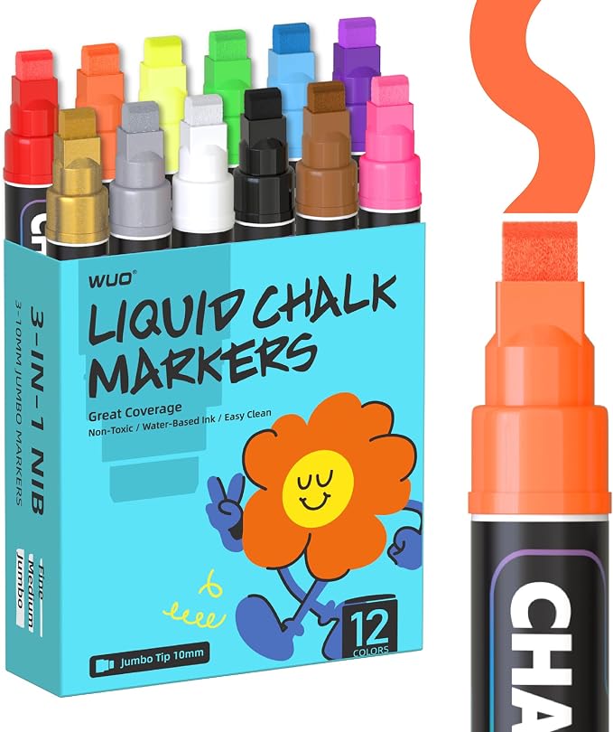 WUO Window Chalk Markers, 12 Colors Car Markers, 10mm 3-In-1 Jumbo Wide Nib by WUO