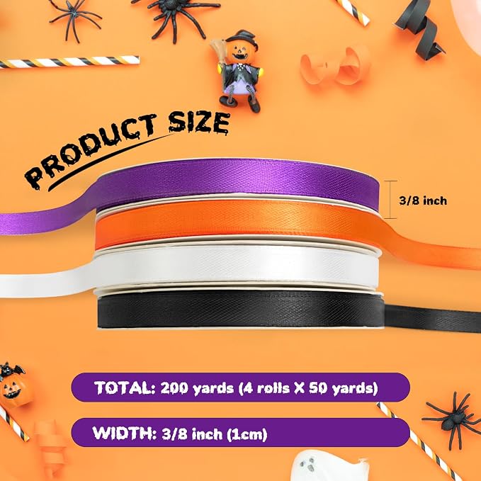 4 Rolls 200 Yards Halloween Ribbon, 3/8 Inch Polyester Satin Ribbon - Image 2