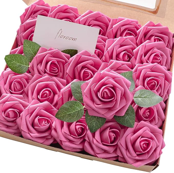 Floroom Artificial Flowers 50pcs Real Looking Hot Pink Foam Fake Roses by Floroom