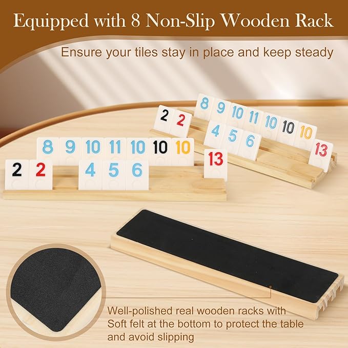 2-8 Players Rummy Game Set, 214 Melamine Tiles, 8 Wooden Racks, Drawstring Bag - Image 4
