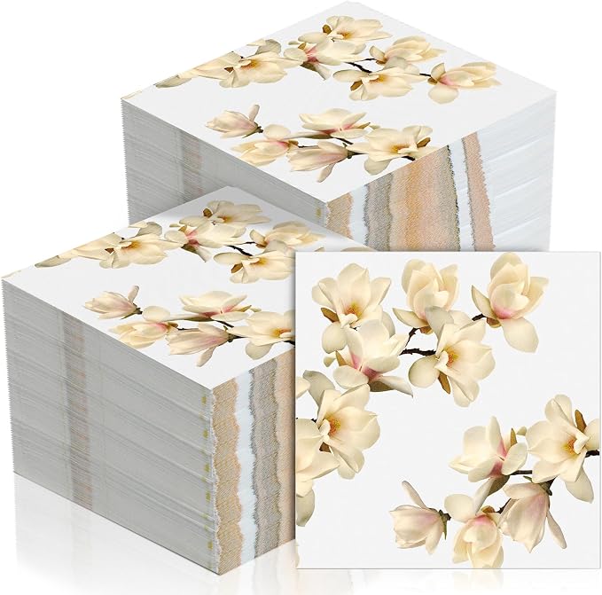 60 Pcs White Magnolia Floral Cocktail Paper Napkins 6.5 x 6.5 Inches Disposable by Feifeiya