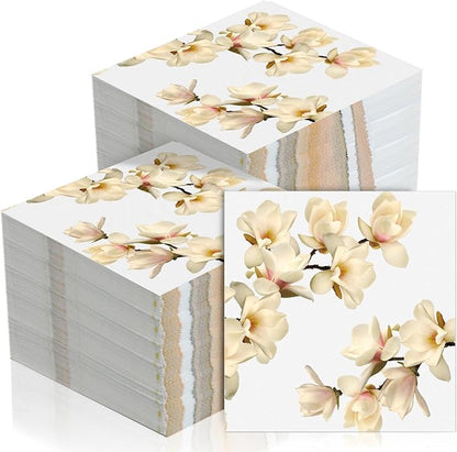 60 Pcs White Magnolia Floral Cocktail Paper Napkins 6.5 x 6.5 Inches Disposable by Feifeiya