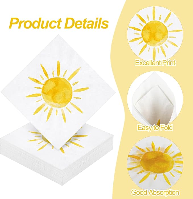 Aodaer 48 Pieces Disposable Sun Paper Napkins Sunshine Birthday Decorations Sun - Image 3