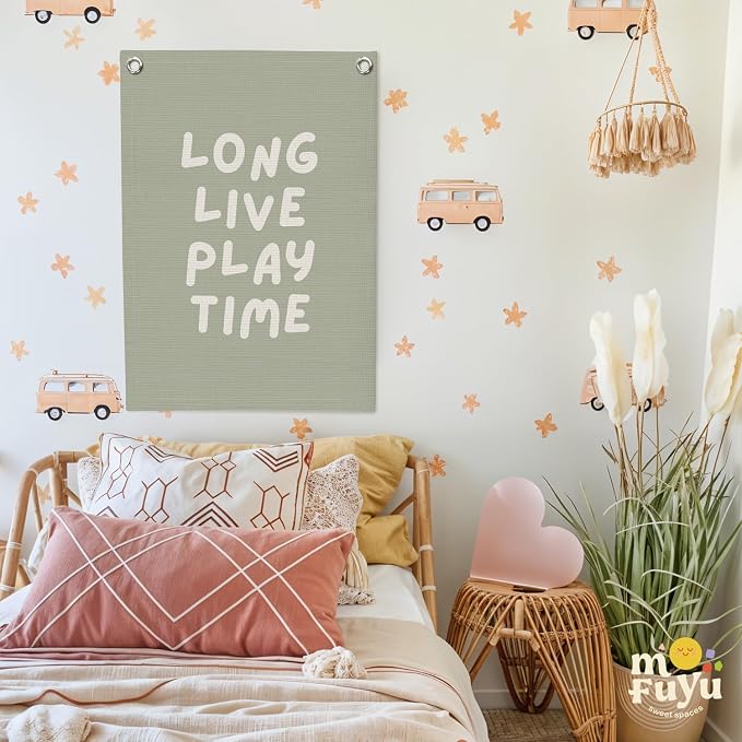 Playroom Decor, Long Live Playtime Wall Hanging Linen Banner, Sage Green - Image 7