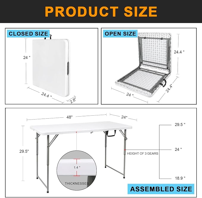 2-PCS 48" W x 24" D x 29.5" H - 4FT White Folding Table Heavy Duty Portable - Image 7