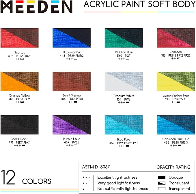 MEEDEN Soft Body Acrylic Paints Set: Matte Finish 12 Colors x 60ml/2oz Fluid - Image 2