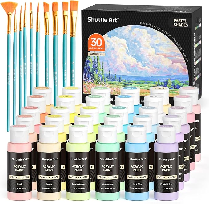 Shuttle Art 40 Pack Pastel Acrylic Paint Set, 30 Colors, 60ml/2oz Bottles by ShuttleArt