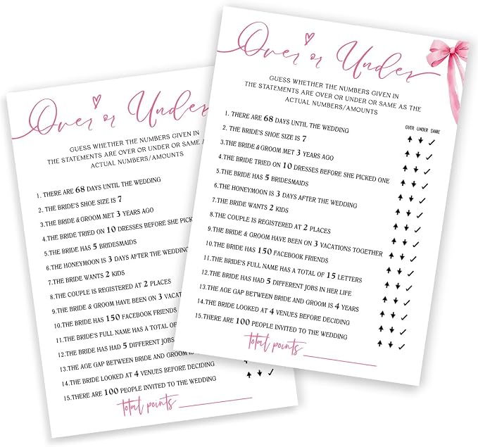 Bridal Shower Games Cards, Guess Over or Under, Bridal Shower Games 25 Guests by Wybgno