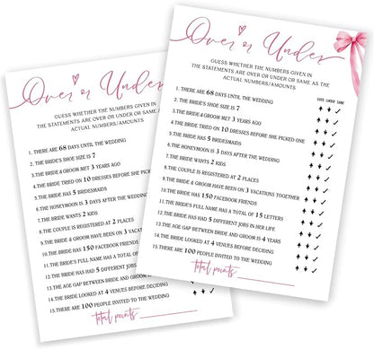 Bridal Shower Games Cards, Guess Over or Under, Bridal Shower Games 25 Guests by Wybgno