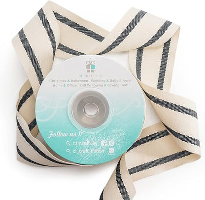 CT CRAFT LLC Ivory Cotton Black Stripes Ribbon 1.5" x 10 Yards - Image 3