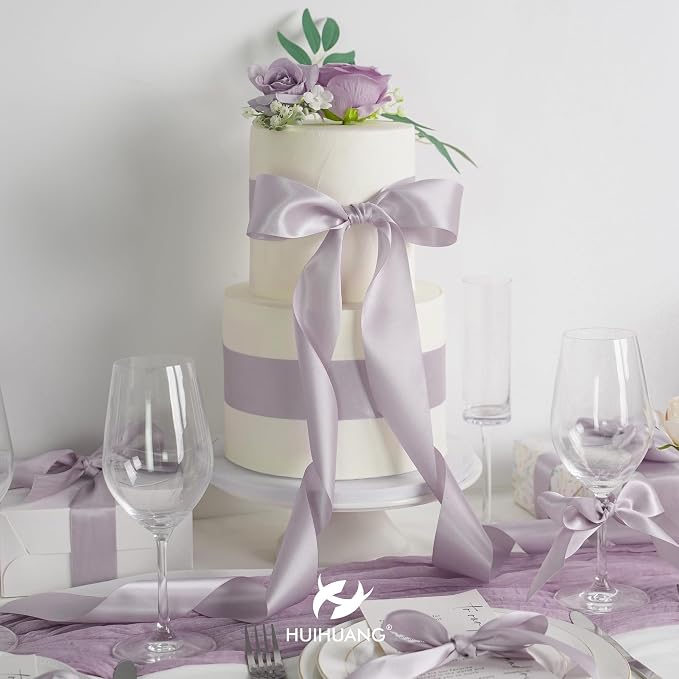 HUIHUANG Dusty Purple Ribbon 2 inch Wide Double-Faced Pastel Lilac Satin Silk - Image 5