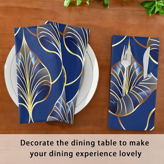 ALAZA Art Deco Floral Royal Blue & Gold Cloth Napkins Set of 4, 20x20 Inch - Image 4