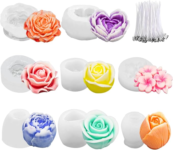 8Pcs Rose Flower Tulip Peony Heart Candle Soap Wax Mold Valentine Day Silicone by MGLIFEUL