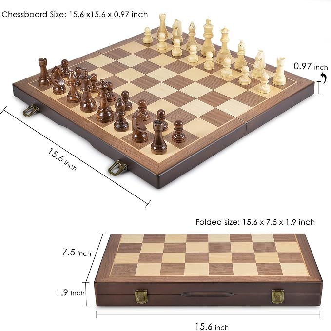 AMEROUS Magnetic Wooden Chess and Checkers Game Set, 15 Inches Chess Board Games - Image 5
