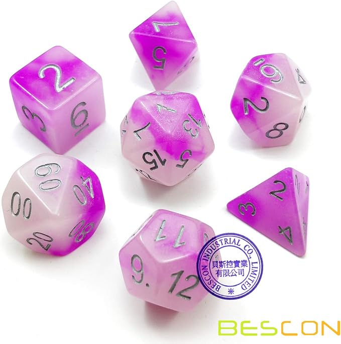 Bescon Two Tone Glowing Polyhedral Dice 7pcs Set Frosty Amethyst, Luminous RPG - Image 2