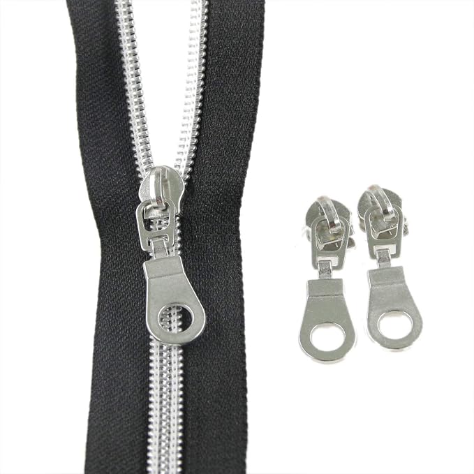 Leekayer #5 Silver Metallic Nylon Coil Zippers by The Yard Bulk 10 Yards Black - Image 2