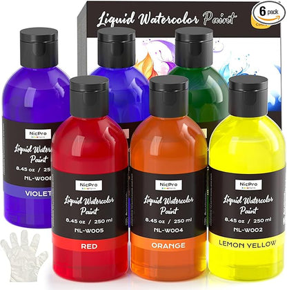 Nicpro 6 Colors Liquid Watercolor Paint Set, 8.45oz Large Bottle Liquid by Nicpro
