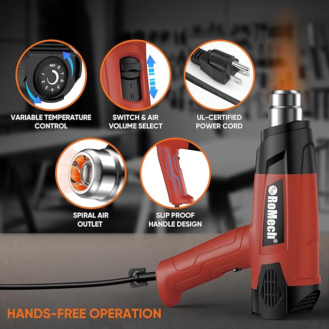 ROMECH 1500W Heavy Duty Heat Gun, Variable Temperature Control Hot Air Gun Kit - Image 4