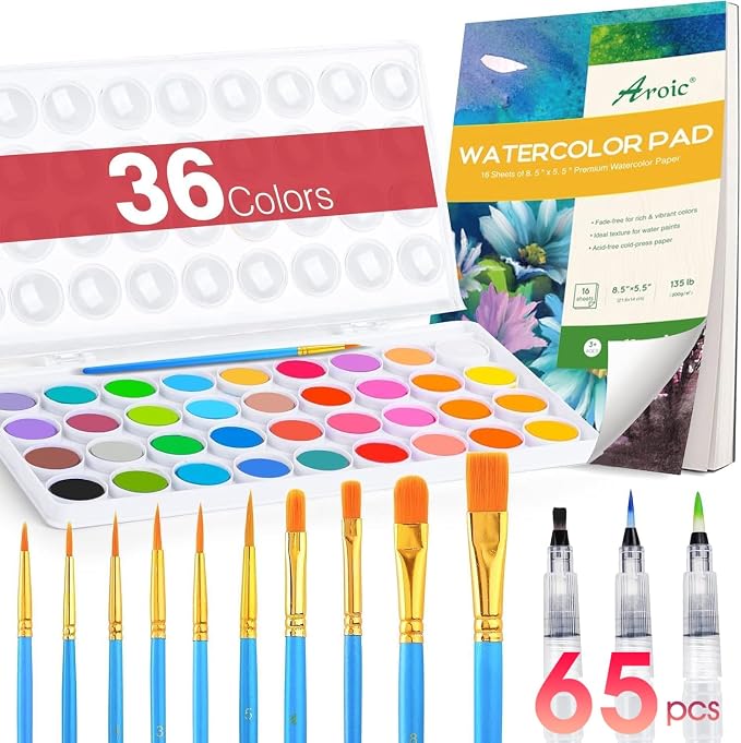 AROIC 65 Pieces Watercolor Paint Set, 36 Colors Watercolor, 10 Brushes by AROIC