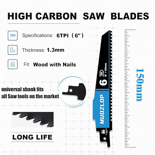 1 Pack 6 inch Reciprocating Saw Blades Set，6 TPI High Carbon Saw Blades - Image 2
