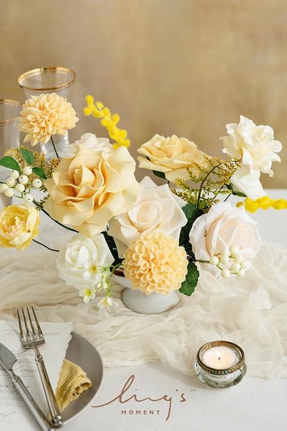 Ling's moment Creamy Yellow Dahlia Foam Artificial Flowers Real Touch Faux Fake - Image 3