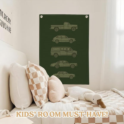 Toddler Boy Room Decor, Car Room Decor Linen Canvas Banner, Retro Car Wall - Image 5