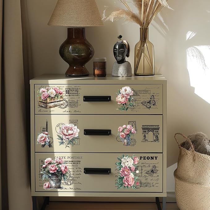 GLOBLELAND 3 Sheets Vintage Pink Peony Background Furniture Transfer 6x12inch - Image 6