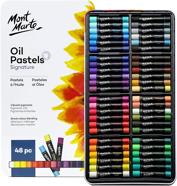 Mont Marte Oil Pastels in Tin Box Signature 48pc, 48 Assorted Colors, Vibrant by MontMarte