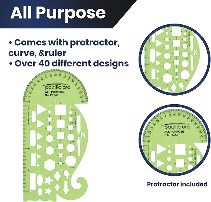 Pacific Arc All Purpose Template Guide, Featuring A Protractor, 4 Inch Ruler - Image 3
