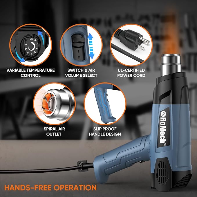 ROMECH 1500W Heavy Duty Heat Gun, Variable Temperature Control Hot Air Gun Kit - Image 4