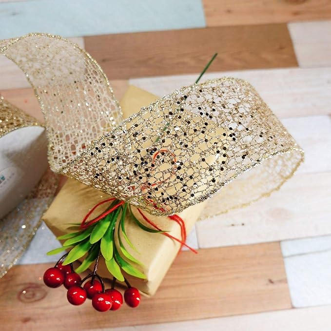CT CRAFT LLC Sparkling Glitter Mesh Wired Ribbon 2.5" x 10 Yards Champagne Gold - Image 7