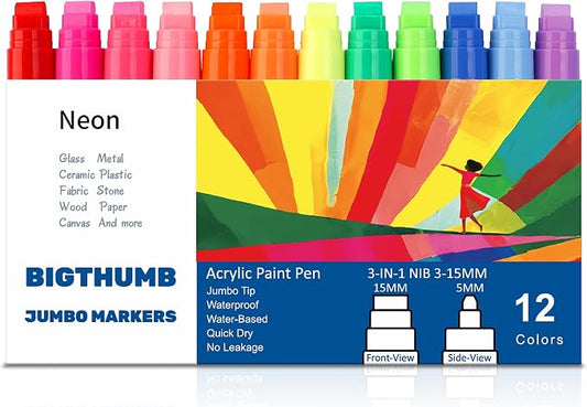 Jumbo Graffiti Poster Markers Set: 12 Neon Colors Large 15mm Wide Tip Permanent by BIGTHUMB