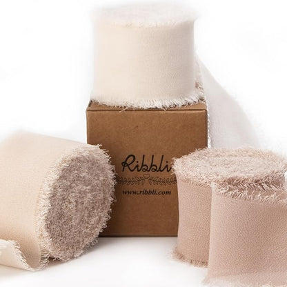 Ribbli Chiffon Silk Ribbon, 1.5 inch x 30 Yard, Cream/Champagne/Beige Fringe by Ribbli