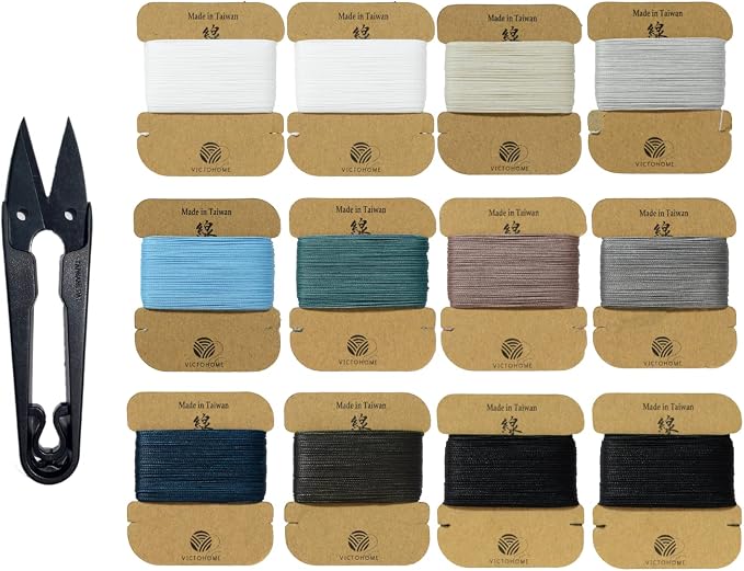 Bonded & Round Waxed Threads, 3-PLY Round Thread 12 Colors 384 Yards by VICTOHOMETHREADS