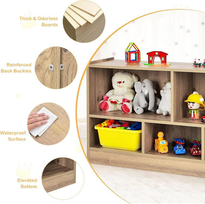 KOTEK Kids Storage Organizer, 5 Cubby Kids Bookshelf, Wooden 2-Layer Bookcase - Image 6