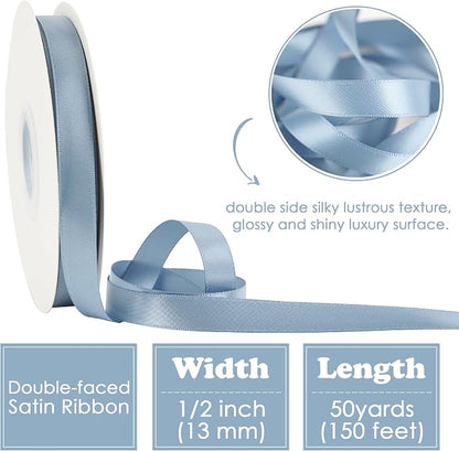 HUIHUANG Dusty Blue Satin Ribbon 1/2 inch X 50 Yards Continuous, DIY Crafts - Image 2