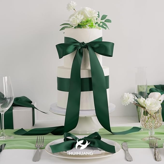 HUIHUANG Hunter Green Satin Ribbon 2 inch Double Side Green Satin Fabric Ribbon - Image 6