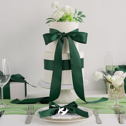 HUIHUANG Hunter Green Satin Ribbon 2 inch Double Side Green Satin Fabric Ribbon - Image 6