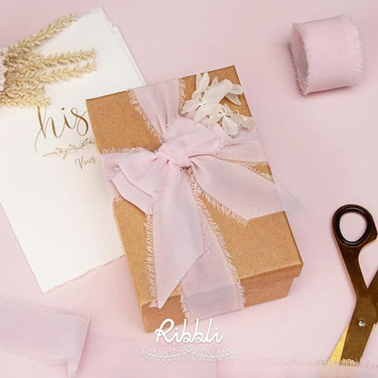 Ribbli Pale Blush Pink Chiffon Ribbon 1-1/2 inch x 20 Yard Handmade Fringe - Image 2